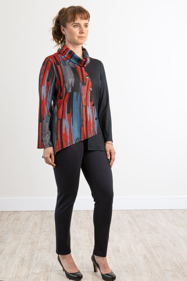 Abstract Multi-Colored Asymmetrical Cowl Wrap Shirt, Red, original image number 2